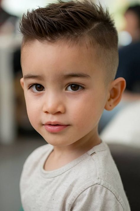 Trendy toddler boy haircut with a tapered fade and textured quiff on top Toddler Boy Crew Cut, Baby Boy Haircut Fine Hair, Toddler Haircuts Boy, Little Boy Haircut Toddler, Toddler Haircut Boy, Toddler Fade Haircut, Boys Short Haircut, Haircuts For Toddler Boys, Short Mullet Haircut