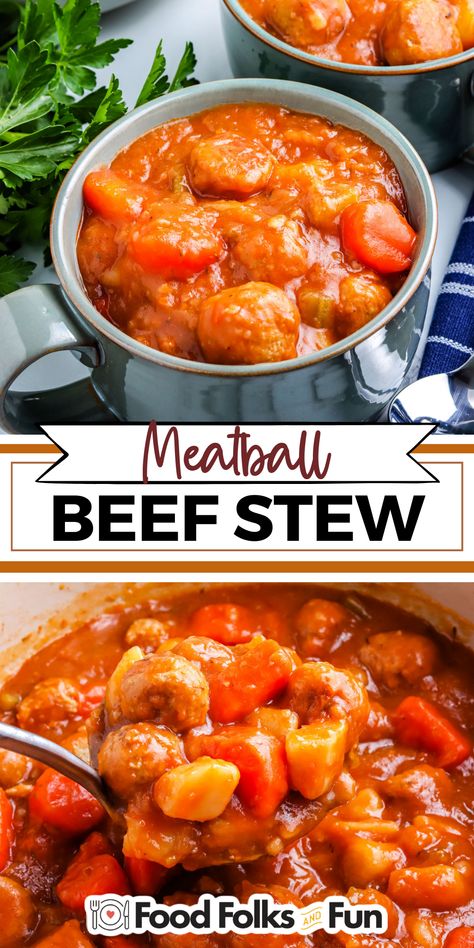 Meatball Stew is a quicker and easier version of the classic. It’s thick, saucy, hearty, and perfect for cold, cozy nights. Slow Cooker Meatball Stew, Vegetable Stew Slow Cooker, Meatball Stew Recipe, Meatball Stew, Easy Meatball, Yummy Casserole Recipes, Slow Cooker Meatballs, Meatballs Easy, Homemade Meatballs