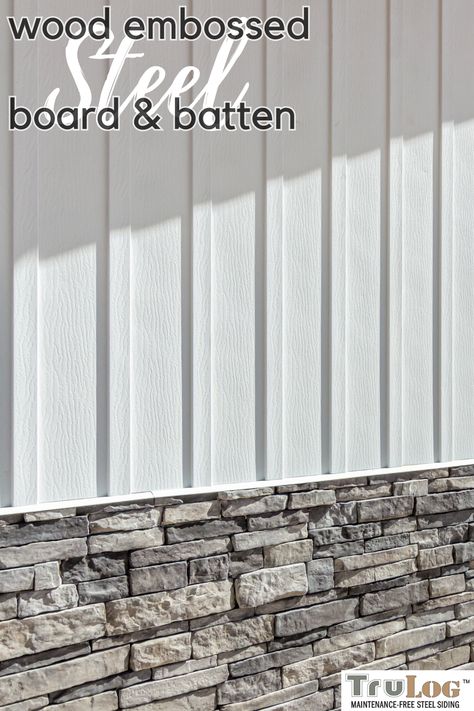 Dark Vinyl Board And Batten Siding, Gray Board And Batten Exterior, Metal Board And Batten Siding, Board And Batten Siding Colors, Vinyl Log Siding, White Vinyl Siding, Vertical Vinyl Siding, House Skirting, Fiber Cement Board