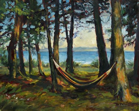 Oil painting of a hammock at Big Bay de Noc on Lake Michigan, by Deb Anderson Hammock Painting, Michigan Artwork, Upper Michigan, Forest Painting, Top Ideas, Upper Peninsula, Ap Art, Sunset Painting, Bar Top