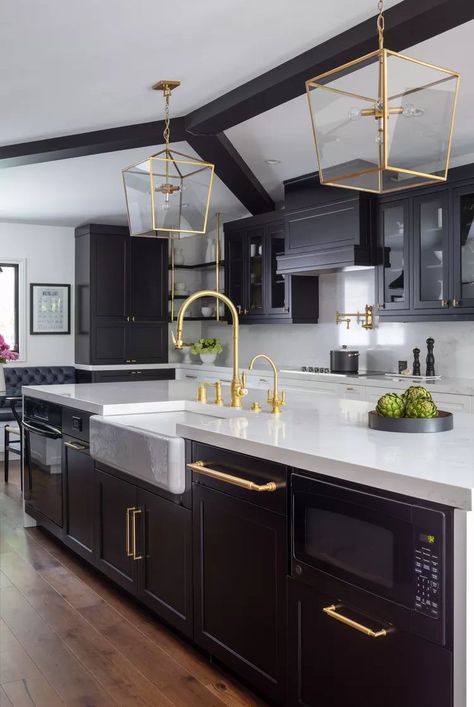 Black Satin Kitchen Cabinets, Dark Brown Cabinets Gold Hardware, Black Kitchen Cabinets Black Countertops, Tranquil House, Kitchen With Black Cabinets, Modern Gold Kitchen, All Black Kitchen, Kitchen Ideas Black, Black Kitchen Design