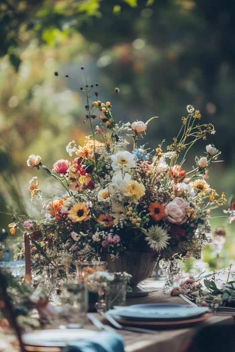 Flower Meadow Arrangement, Wildflower Tablescape, Meadow Arrangement, Barn Party Ideas, Bud Vase Centerpiece, Ceremony Arrangements, Wildflower Centerpieces, Florist Ideas, Flower Table Decorations