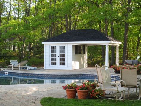 Preston Pool House | Pleasant Run Structures Homestead Structures, Small Pool House, Pool Sheds, Porch Cover, Cabana Ideas, Mil Suite, Backyard Pool House, Small Pool Houses, Pool House Cabana