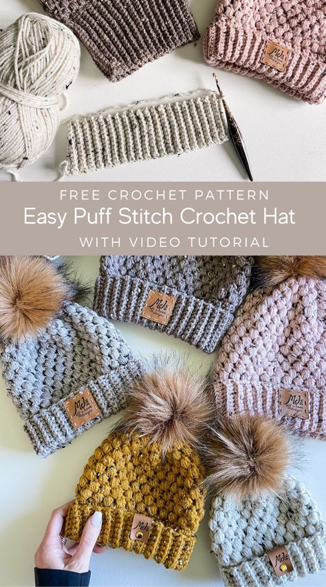 Puff Stitch Crochet Hat, Stitch Crochet Hat, Crochet Beanie Pattern Free, Puff Stitch Crochet, Crochet Adult Hat, Big Yarn, Easy Crochet Hat, Crochet Winter Hats, Easy Crochet Patterns Free