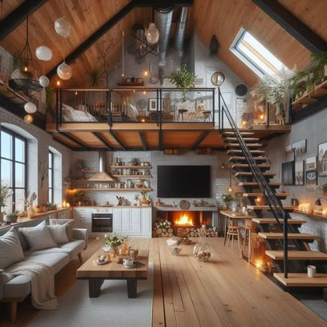 Loft Flat Interior Design, Cottage Loft Ideas, Small Loft House Exterior, Luxury Tiny House Interior, Small Rooms Design, Tiny Home Decorating Ideas, Living Room Small House, Small Home Living Room, Loft House Ideas