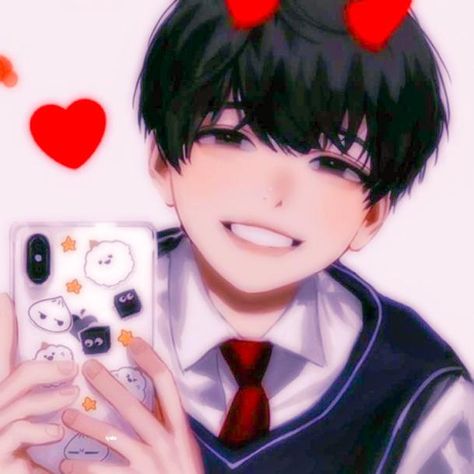 •°•✿ Click to see more fun icons! ✿•°• Cute Smiling Anime Boy Taking Selfie Adorable School Boy School Uniform Hearts Filter Black Hair Brown Eyes Icon Pfp Boy School Uniform, Anime Boy Smile, Eyes Icon, Black Hair Brown Eyes, Gothic Anime, Anime Fnaf, Cute Anime Profile Pictures, Anime Love Couple, For Your Love