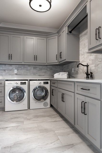 Gray Laundry Cabinets, Laundry Room Luxury, Grey Farmhouse, Pantry Remodel, Laundry Cabinets, Farmhouse Laundry, Farmhouse Laundry Room, Gray Cabinets, Laundry Room Remodel