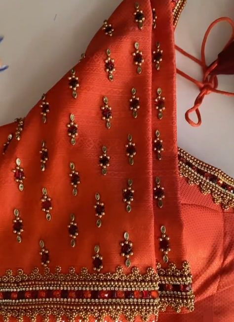 Orange Colour Maggam Work Blouses, Blouse Designs With Beads, Hand Work Blouse Design For Bridal, Orange Blouse Maggam Work Designs, Exclusive Blouse Designs, Work Blouse Designs, Mirror Work Blouse Design, Aari Design, Latest Bridal Blouse Designs