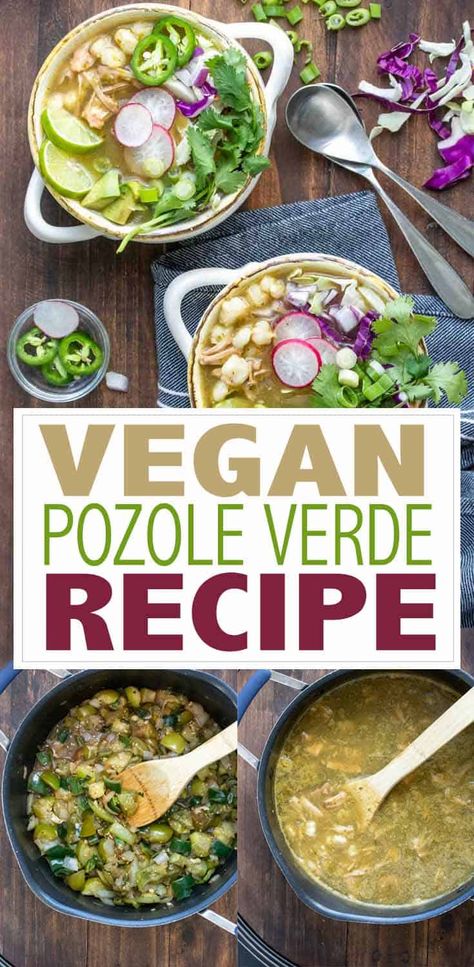 This vegan pozole verde recipe uses jackfruit instead of chicken to make a super flavorful and filling soup filled with healthy ingredients! #veganmexicanrecipes #plantbaseddinners Vegetarian Pozole Verde Recipe, Vegan Posole Jackfruit, Vegetarian Pozole Verde, Vegan Posole Verde, Pasole Recipe Vegan, Jackfruit Soup Recipes, Vegan Pozole Verde, Jackfruit Pozole, Vegan Posole Recipe