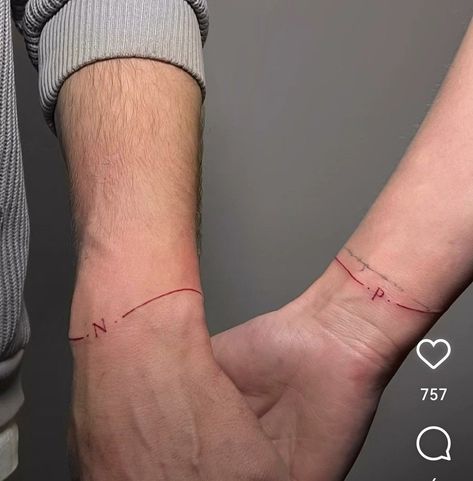 Red String Of Fate Tattoo, Maching Tattoos, Name Tattoos On Wrist, Tiny Wrist Tattoos, Small Girly Tattoos, Small Couple Tattoos, Relationship Tattoos, Cool Wrist Tattoos, Wicked Tattoos