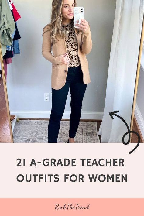 Woman in a classroom setting showcasing a teacher's outfit with a camel blazer, leopard print top, and black pants while taking a mirror selfie. Elementary Principal Outfits, Dress With Turtleneck Underneath, Teacher Outfits Middle School, Dress With Turtleneck, Teacher Outfits High School, Baby Blue Shirt, Turtleneck Under, School Dress Code, Chambray Blazer