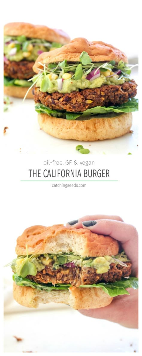 This California Burger is a big juicy vegan burger loaded with guacamole, fresh corn salsa and sprouts. It is lean and clean West Coast cuisine meets decadent burger. #glutenfreerecipe #plantbased #burgerrecipe #veggieburger #blackbeanburger #veganrecipe | DarnGoodVeggies.com Bean Patty, Vegan Burger Recipe, Vegan Burger, Corn Salsa, Vegan Burgers, Makanan Diet, Burger Recipe, God Mat, Idee Pasto Sano