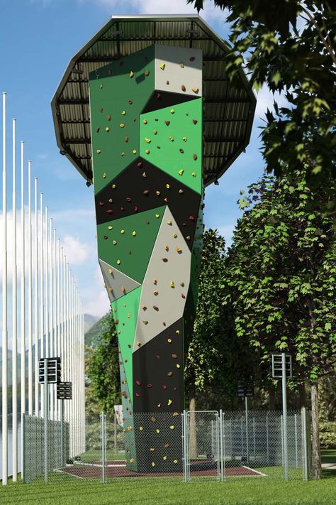 Outdoor climbing tower. Maximum height: 15.5m.  Maximum overhang: 4.3m. Parc Olimpic del Segre - Spain. #climbingwall #climbing #outdoorclimbing #artificialclimbingwall #sportclimbing Climbing Wall Design, Outdoor Climbing Wall, Home Climbing Wall, Playgrounds Architecture, Indoor Climbing Wall, Rock Climbing Gym, Bouldering Wall, Simple Floor Plans, Climbing Tower