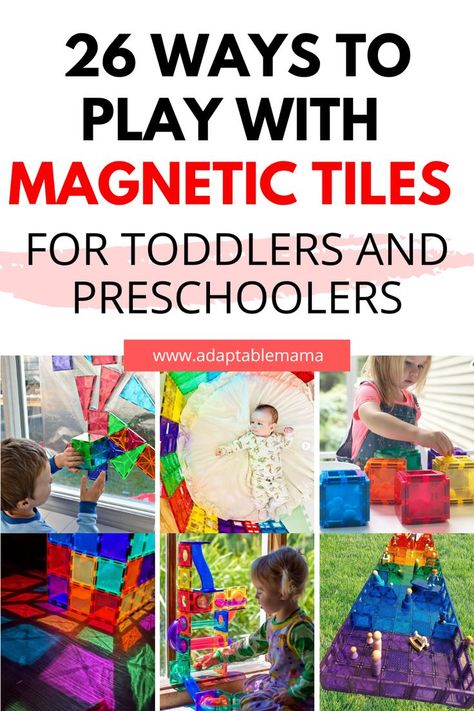 Keep your toddler and preschoolers busy and learning with these 26 play ideas, activities and games with magnetic tiles!  #toddleractivities #giftideas #toddlers #birthdaygifts Magnet Tile Activities For Preschool, Magnatile Activities For Toddlers, Magnet Tile Activities, Magtiles Ideas, Preschool Magnet Activities, Manipulative Activities For Preschoolers, Magnet Activities For Preschool, Magnatile Activities, Magna Tiles Ideas For Kids