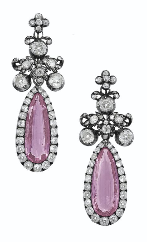 A PAIR OF ANTIQUE PINK TOPAZ AND DIAMOND EARRINGS, CIRCA 1840. Pear-shaped pink topazes, old-cut diamonds, silver-topped gold, pendants detachable. Pink Topaz Earrings, Antique Silver Earrings, Plain Silver Rings, Gold Pendants, Purple Sapphire, Pink Topaz, Antique Pink, Topaz Earrings, Royal Jewelry