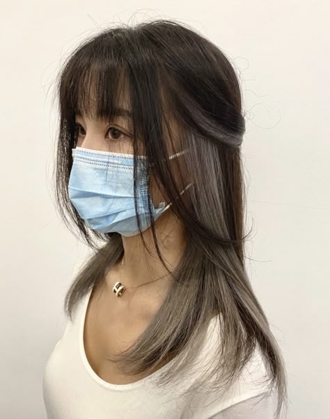 Dark Brown Hair With Ash Blonde Underneath, Peekaboo Hair Color Asian, Peekaboo Dark Hair, Natural Peekaboo Hair, Asian Peekaboo Hair, Subtle Peekaboo Hair, Brown Underneath Hair, Korean Hair Color Trend 2023, Silver Underlights