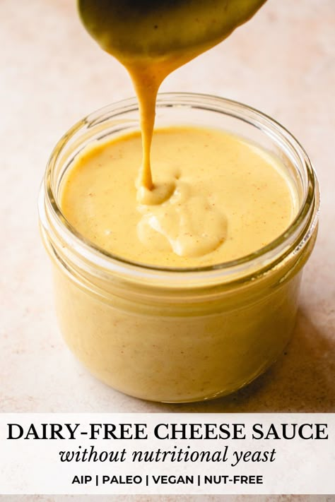 This quick and easy Dairy-Free Cheese Sauce is made without nutritional yeast or nuts! It’s smooth, stretchy, and the perfect melted cheese topping for any dish. This creamy vegan cheese sauce is gluten-free, paleo, allergy-friendly and easily AIP adaptable! #dairyfreecheese #dairyfreecheesesauce #vegancheese #vegancheesesauce #nutfreevegancheese #nutfreedairyfreecheese #paleocheese #aipcheese #aipcheesesauce #paleocheesesauce #plantbasedcheese #aip #paleo Vegan Nut Free Cheese Sauce, Vegan Cheesy Sauce, Cheese Sauce With Nutritional Yeast, Dairy Free Cheese Sauce Easy, Aip Cheese Sauce, Cheese Sauce Without Milk, Vegan Cheese Without Nutritional Yeast, Nut Free Vegan Cheese, Vegan Cheese Sauce Nutritional Yeast