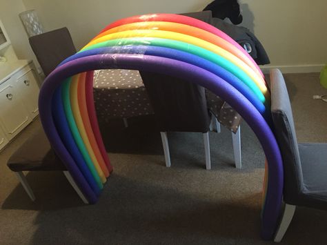 Rainbow made from pool noodles Rainbow Out Of Pool Noodles, Big Rainbow Decoration, Pool Noodle Ocean Decorations, Pool Noodle Rainbow, Giant Rainbow Decoration, Noodles Ideas, Teaching Weather, Hudson Homes, Rainbow Parties