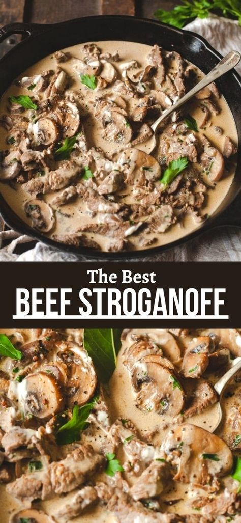 Stroganoff Beef, Best Beef Stroganoff, Steak Strips, Beef Stroganoff Easy, Mushrooms And Onions, Sour Cream Sauce, Stroganoff Recipe, Beef Recipes Easy, Beef Stroganoff