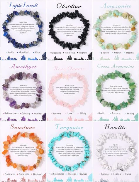 PRICES MAY VARY. Gemstone Bracelets Set -- You will get 9 pcs different chakra healing chip bracelets,Including amazonite bracelet,sunstone bracelet,amethyst bracelet, rose quartz bracelet, green aventurine bracelet,obsidian bracelet, lapis Lazuli bracelet, turquoise bracelet,howlite bracelet. A variety of colors and styles, suitable for your daily wear and replacement, or to share with your friends, family. High Quality Materials--These gemstone stretch bracelets set are made of natural healing Crystal Bracelet Ideas, Crystal Bracelets Healing, Stretch Beaded Bracelets, Gemstone Accessories, Sunstone Bracelet, Aventurine Bracelet, Healing Gemstone Bracelets, Healing Gemstones, Howlite Bracelet