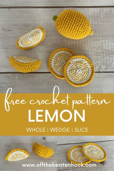 The perfect mix between realistic and adorable, these crochet lemon pieces will be the perfect addition to your little one's play food collection or your crochet fruit and vegetable centerpiece! The pattern includes the method for crocheting the lemon in 3 different conditions - whole, wedge and sliced. The pattern is quick and easy - perfect for beginners or seasoned crocheters alike! Get the free pattern here! Easy Crochet Vegetables, Fruit Slice Crochet, Knit Play Food, Crochet Lemons Free Pattern, Free Crochet Vegetable Pattern, Crochet Fruit Slices Free Pattern, Amigurumi Lemon Free Pattern, Small Food Crochet Pattern, Fruit Bag Crochet Free Pattern