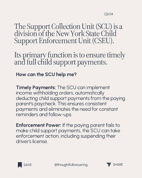 This specialized unit in New York is designed to help ensure that child support payments are made on time and in full. They offer several important services to support parents receiving child support: ✨Income Withholding: They can directly collect child support payments from the other parent’s paycheck, making it easier for you to receive what you’re owed. ✨Enforcement Measures: If child support payments are missed, they have the authority to take action, which can include suspending the ot... Child Support Payments, Child Support, Parenting Fail, Take Action, Parenting, The Unit