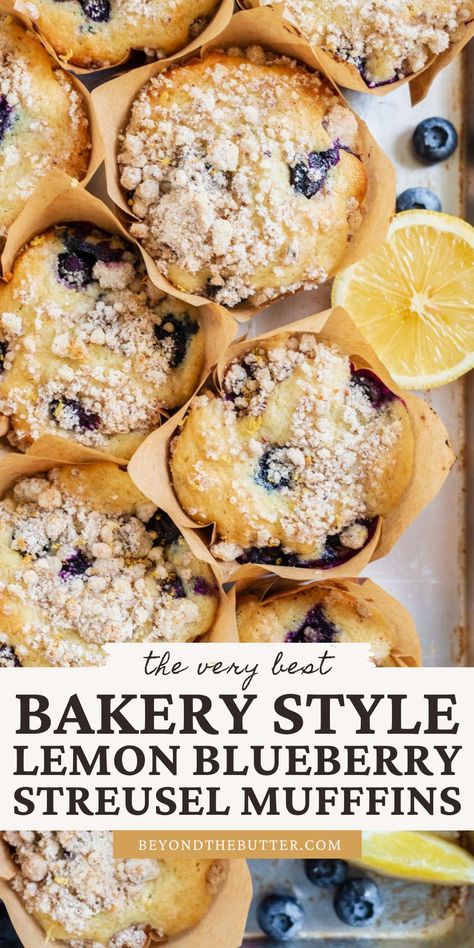 These soft and fluffy Bakery Style Lemon Blueberry Streusel Muffins have a ton of big fat blueberries in them, the perfect amount of lemon zest and flavor, and a sweet and crumbly streusel topping to bring it all together! The best is having them still warm from the oven with a little butter—SO GOOD. Full recipe on BeyondtheButter.com #lemonblueberrymuffins #muffins #streuselmuffins Blueberry Lemon Muffins, Blueberry Muffin Recipe Easy, Blueberry Streusel Muffins, Blueberry Streusel, Streusel Muffins, Simple Muffin Recipe, Muffin Streusel, Lemon Blueberry Muffins, Recipes Thanksgiving