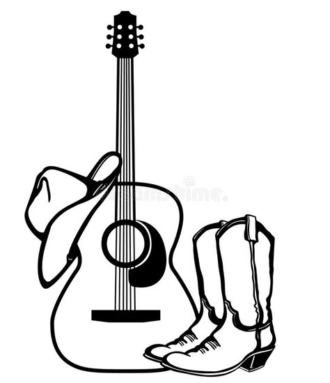 Country Music Painting, Country Music Drawings, Acoustic Guitar Tattoo Design, Country Drawings Easy, Cowboy Boot Illustration, Cowboy Boot Drawing, Country Music Tattoos, Cowboy Boots Drawing, Shirt Design Illustration