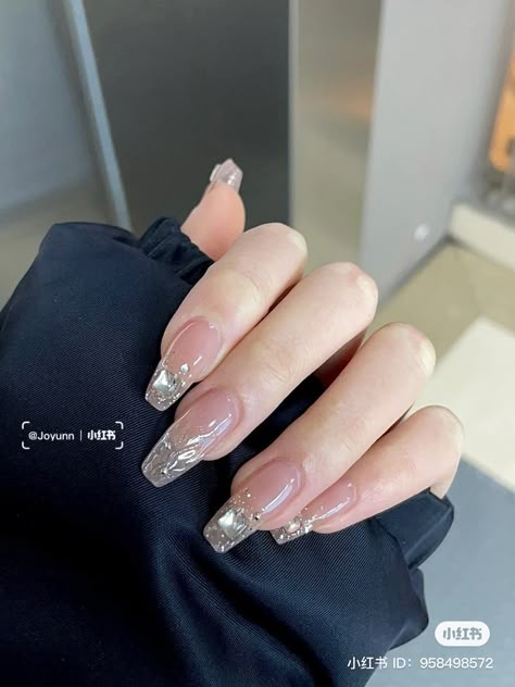 Korean Jelly Nails Coffin, Korean Sparkle Nails, Korean Glass Nails Pink, Douyin Clear Nails, Short Coffin Douyin Nails, Nail Nail Designs, Idol Nails, Luminous Nails, Basic Nails