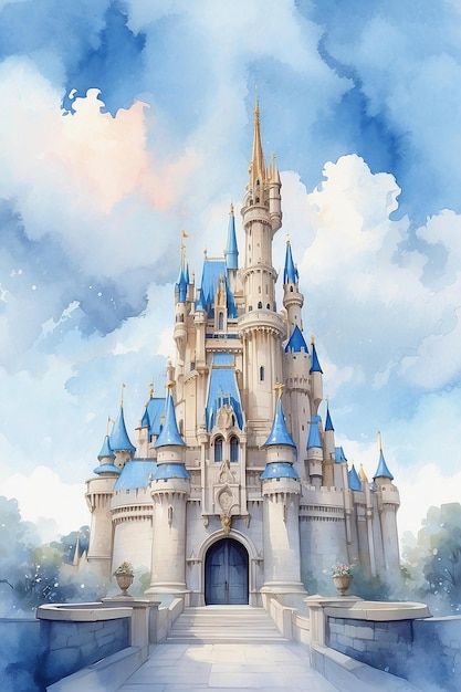 Light Blue Watercolor, Blue Castle, Cinderella's Castle, Birthday Card Drawing, Watercolor Sky, Cinderella Castle, Free Business Card Mockup, Card Drawing, Business Card Maker