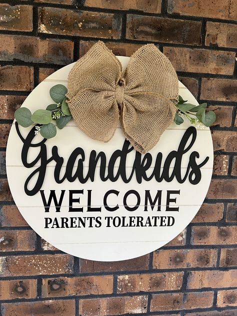 Grandkids Welcome Sign, Funny Grandparents Sign, Grandparents Door Sign, Gift for Grandparents, Parent Tolerated Sign by SouthernRootsSignsGA on Etsy Welcome Sign Funny, Funny Grandparents, Grandparents Sign, Welcome Baby Signs, Funny Welcome Signs, Grandma Sign, Welcome Signs Front Door, Welcome Door Signs, Christmas Craft Fair