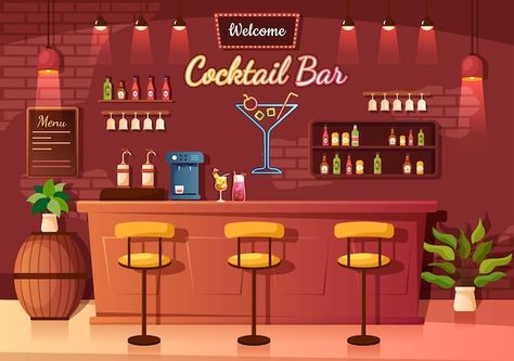 Alcoholic Fruit, Bar Drawing, Mocktail Bar, Cartoon Template, Friends Hanging Out, Cocktail Illustration, Bar Scene, Bar Interior Design, Bar Poster