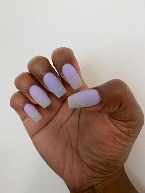 Coffin Lilac Nails, Light Purple And Green Nails, Green And Lilac Nails, Lilac Checkered Nails, Lilac Flame Nails, Purple And Green Nails Acrylic Pastel, Colourful Nail, Lilac Nails Design, Lime Nails