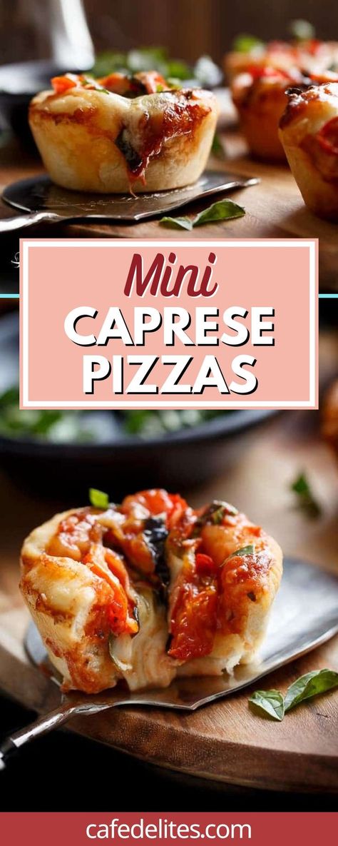 The best part about these Mini Caprese Pizzas is the deep dish part, meaning generous amounts of filling in (not to be confused with ‘on’) pizza dough, almost like a pizza pie! Caprese salad meets pizza in these delicious Mini Caprese Deep Dish Pizzas made easy in a humble standard muffin pan. Deep Dish Mini Pizzas, Mini Deep Dish Pizza, Mini Pizza Cups, Caprese Sliders, Bakery Goodies, Mini Pizza Bites, Mini Pizza Recipes, Caprese Pizza, Muffin Pan Recipes