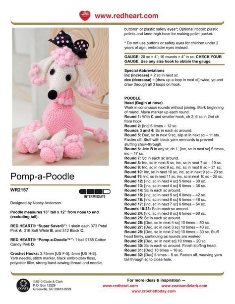 Rabbit Knitting Pattern, Crochet Dog Patterns, Animal Knitting Patterns, Pink Poodle, Crochet Doily Patterns, Red Heart Yarn, Crochet Bear, Crochet Dog, Dog Pattern