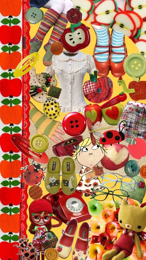 #twee #tweeaesthetic #collage #aesthetic #apples #ladybugs #green #red Silly Clothes, Iphone Wallpaper App, Funky Outfits, Quirky Fashion, Wallpaper For Your Phone, Iphone Icon, Aesthetic Collage, Green Aesthetic, Wallpaper Iphone Cute