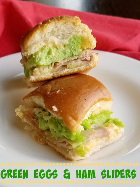 A fun Dr. Seuss inspired entree! I would eat green egg and ham sliders in a house and on a train, in a box and in the rain! They can be prepped ahead of time as well to make party time easier! #breakfast #drseuss #babyshower #birthday #classroom Seuss Snacks, Birthday Classroom, Ham Sliders, Big Green Egg Recipes, Ham Breakfast, Green Egg Recipes, Eat Green, Bacon Deviled Eggs, Ham Sandwiches