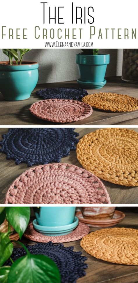 Free Coaster Crochet Patterns, Placemat Crochet Pattern Free, Plant Coaster Crochet, Functional Crochet Projects, Crochet Plant Coaster, Crochet Placemats Free Pattern, Crocheted Placemats, Iris Plant, Modern Haken