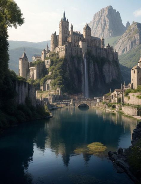 A large fortified castle on top of a hill, guarding the water source. A beautiful fortified city all around. Castle On Top Of Mountain, Castles On Mountains, Castle By The Ocean, Houses Reference, Castle On Hill, Fortress Concept Art, Bloxburg Castle, Castle On A Hill, Water Castle