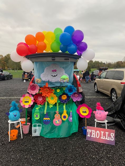 Trolls Themed Trunk Or Treat, Trunk Or Treat Trolls Theme, Easy Trunk Or Treat Ideas For Suv Diy Ideas, Trolls Trunk Or Treat Ideas For Cars, Trunk Or Treat Ideas For Elementary School, Care Bear Trunk Or Treat, Crayon Trunk Or Treat, Rainbow Trunk Or Treat Ideas, Rainbow Trunk Or Treat