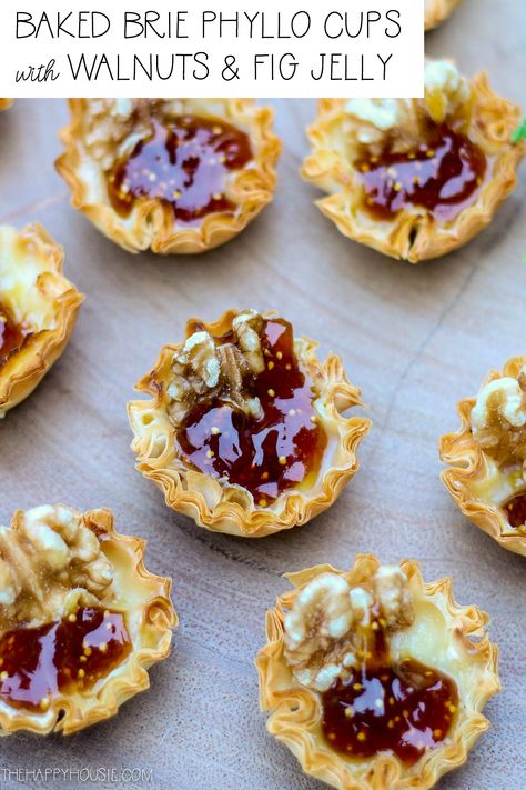 Brie Phyllo Cups, Brie Phyllo, Easy Holiday Party Appetizers, Fig Jelly, Appetizers Christmas, Phyllo Cups, Holiday Appetizers Recipes, Brie Recipes, Holiday Appetizer