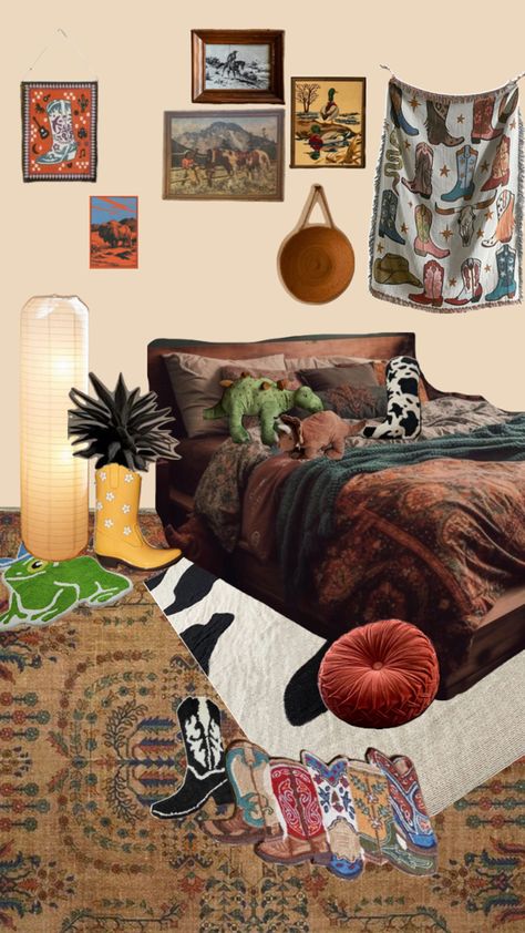 Western Cowboy Aesthetic Western Cowboy Aesthetic, Alt Girl Aesthetic, Unique Dorm Room, Hippie Bedroom, Pinterest Contest, Cowboy Aesthetic, Southwestern Boho, Dorm Walls, Western Homes