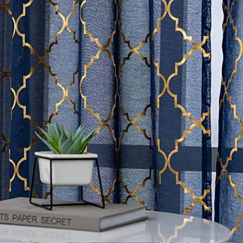 Blue And Gold Curtains, Gold Curtains Living Room, Blue Curtains Living Room, Blue And Gold Living Room, White Curtains Living Room, Blue And White Curtains, Blue And Gold Bedroom, Navy Curtains, Curtains Living Room Modern