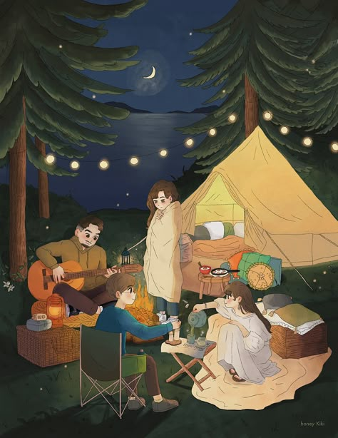 Honey Kiki Studio, Camping Digital Art, Camping Illustration Art, Camp Drawing, Camp Illustration, Camping Illustration, Camping Drawing, Cottage Illustration, Sweet Drawings