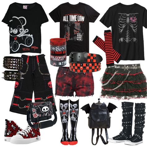 Emo Capsule Wardrobe, Emo Bands Aesthetic, Scene Punk Outfits, Scene Outfit Inspo 2000s, Scenemo Outfits 2000s, Scene Clothing Ideas, Scene Inspo Outfit, Emo Outfit Board, Red Scene Outfits