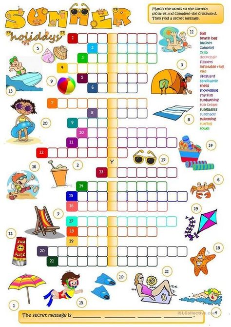 Here's another exercise to practice summer vocabulary. Your students have to match the words to the correct pictures and complete the crossword. Then find a secret message. Summer Vocabulary, Printable Crossword Puzzles, Ela Worksheets, Summer Worksheets, Holiday Worksheets, Crossword Puzzles, Vocabulary Worksheets, Esl Worksheets, Summer Holidays