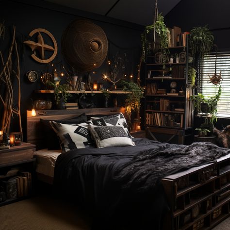 Dark Boho Bedroom Ideas, Hobbit Core, Emo Bedroom, Dark Boho Bedroom, Bedroom Paint Ideas, Dark Cozy Bedroom, Minimalist Bookshelves, Dark Boho, Magical Room