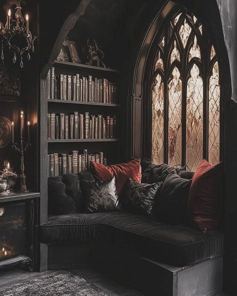 Ben Myhre (@benmyhre) • Instagram photos and videos Gothic Bay Window, Gothic Revival Bedroom, Gothic Victorian Bedroom Aesthetic, Open Home Layout, Gothic Reading Nook, Gothic Cottage Interiors, Victorian Home Aesthetic, Gothic House Interior, Victorian Bedroom Aesthetic