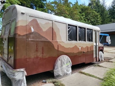 Painted School Bus Exterior, Skoolie Outside Paint, Van Life Exterior Paint, Skoolie Paint Ideas, Bus Exterior Paint Ideas, Painted School Bus, Painted Camper Exterior, Skoolie Exterior Paint Ideas, Skoolie Paint Job