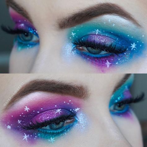 She had a galaxy in her eyes and a universe on her mind ⭐️🌙 eye Galaxy Eye Makeup, Galaxy Makeup Looks, Universe Makeup, Alien Make-up, Fantasy Make-up, Alien Makeup, Make Up Designs, Space Makeup, Galaxy Makeup